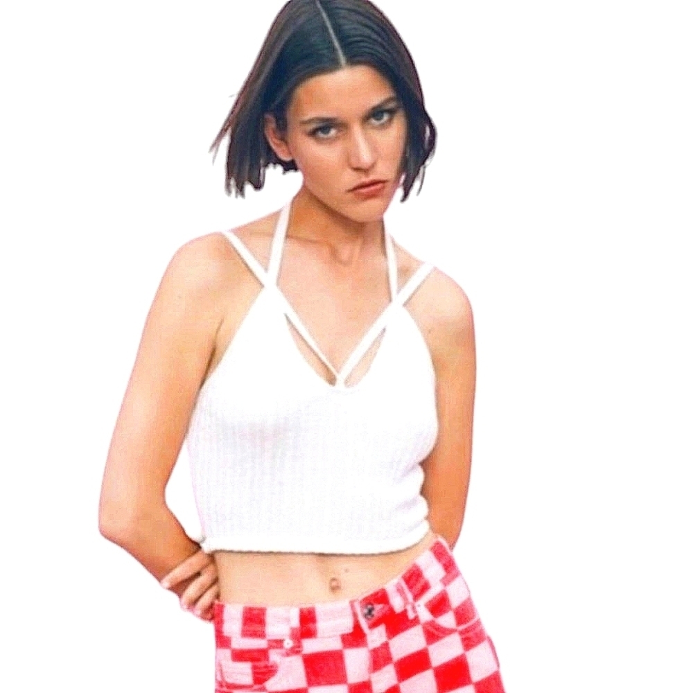 ZARA Crochet Knit Cropped Halter Top White Skinny Straps Open Back Ties LG NWOT